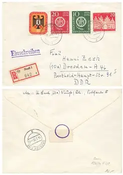 Berlin West Michel 137 138 139 FDC auf R-Brief o Neuss 1 12.5.1956 nach Dresden