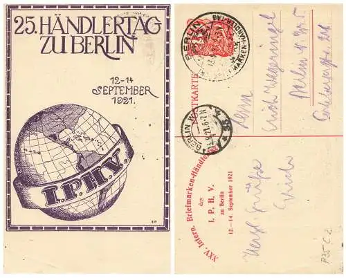Berlin Briefmarken Händlertag 1921 Privatganzsache PP52C3 Sonderstempel 13.9.1921 ohne Zudruck