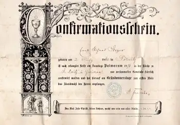 Konfirmationsschein St Moritz Kirche Zwickau Ernst Richard Steger geb. 1862 in Pölwitz