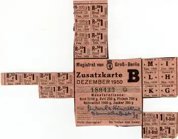 Lebensmittel-Zusatzkarte Dezember 1950 Groß Berlin