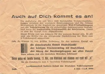 Wahl zum Volkskongress 1948 Landesausschuss Sachsen-Anhalt original Handzettel