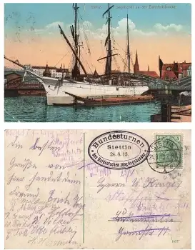 Stettin Segelschiff an der Bahnhofsbrücke Sonderstempel Bundesturnen des Ostdeutschen Jünglingsbundes 24.8.1913