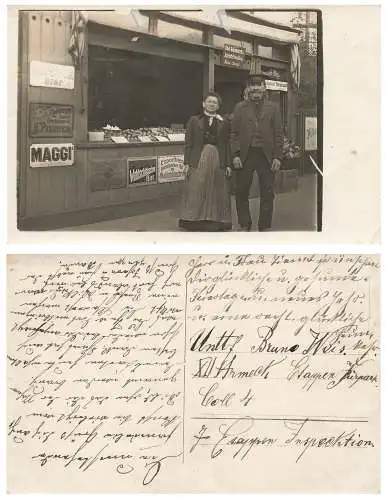 Obst und Grünwaren und Kartoffelhandlung Aloisia Thiemt Dresden Verkaufsstand mit Werbeschildern Echtfoto um 1916