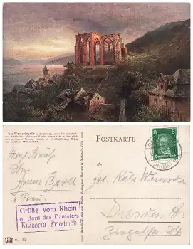 55422 Bacharach Wernerkapelle Künstlerkarte Bordstempel Rheindampfer Kaiser Friedrich o 15.9.1928