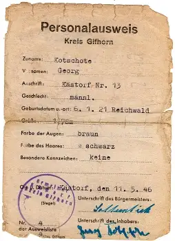 Gifhorn Personalausweis Georg Kotschote Kästorf 1946