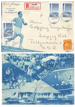 Helsinki XV Olympia 1952 Schmuckumschlag R-Brief o Tyrvää 1.11.1952 nach Leipzig