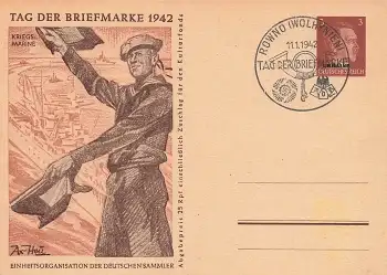 Tag der Briefmarke 1942 Ukraine Ganzsache P4/03 Kriegsmarine Sonderstempel Rowno 11.1.1942