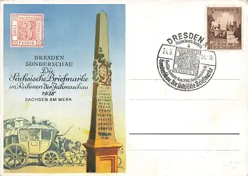 Sachsen am Werk 1938 Sonderschau Dresden Sächsische Briefmarke Sonderstempel 24.9.1938