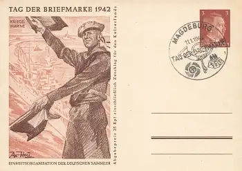 Tag der Briefmarke 1942 Deutsches Reich 3 Pfennig Hitler Ganzsache Kriegsmarine Sonderstempel Magdeburg 11.1.1942
