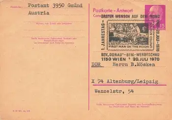 Ganzsache Antwort 15 Pfennig Ulbricht Sonderstempel "der erste Mensch auf dem Mond" o Briefmarkenschau Wien 20.7.1970