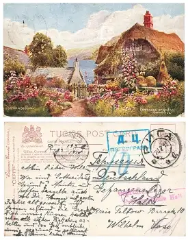 Cornwall Cottages at Gillan Tucks Oilette aus Riga via Petrograd Zensurstempel Halbe o 20.7.1915