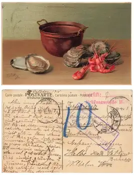 Marie Billing Künstlerkarte Muscheln aus Russland Zensurstempel Halbe Gefangenenlager o 19.10.1915