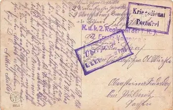 K.u.K. 2. Regiment der T.K.J. 2. Ersatz-Kompagnie Kriegsdienst Portofrei Zensurstempel Prag o 9.7.1916