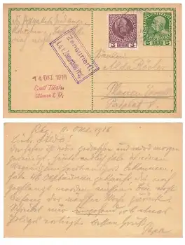 Österreichische Post Ganzsache mit K.u.K. Zensurstelle Prag o 11.10.1916