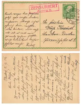 Österreichische Post Ganzsache Zensuriert Aussig 2 o Komotau 3.9.1916