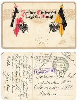 In der Eintracht liegt die Macht Patriotikakarte Zensurstempel Überprüft o Budweis 12.5.1915