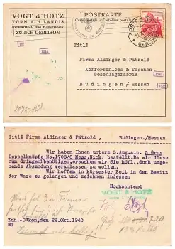 Zürich Oerlikon Vogt u Holz Kofferfabrik Zensurstempel 1514 Oberkommando der Wehrmacht 22.10.1019
