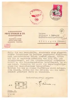 Schaffhausen Eisenhandlung Zensurstempel Geprüft Oberkommando der Wehrmacht o 8.4.1944