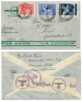 Argentinien Luftpostbrief via Condor Geprüft Oberkommando der Wehrmacht Geöffnet o Buenos Aires 7.8.1940 nach Kiel