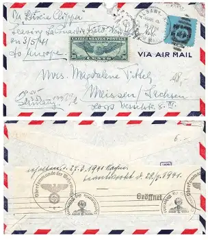 US Air Mail 30 cent Trans Atlantic Zensur Geöffnet Oberkommando der Wehrmacht o Albany 4.3.1941 mach Meissen