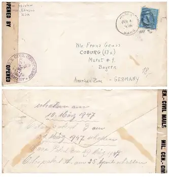 US Postage Zensur Civil Censorship 11644 Germany Opened o Kansas 8.2.1947
