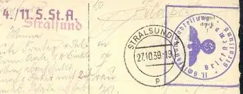Feldpoststempel der II. Schiffsstammabteilung Stralsund  4./11.S.St.A. o 27.10.1939