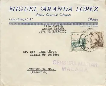 Spanien Malaga Censura Militar Malagaauf Brief 6.6.1939 nach Oberfrohna