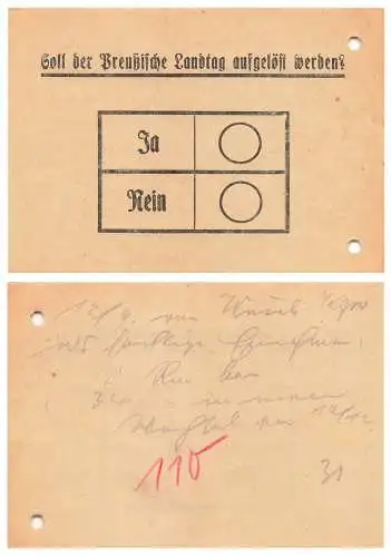 Stimmzettel "Soll der Preußische Landtag auf gelöst werden?"  1931