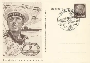Elsaß 6 Pfennig Hindenburg Ganzsache P242 Im Kampf um die Freiheit U-Boot o Strassburg Tag der Briefmarke 1941