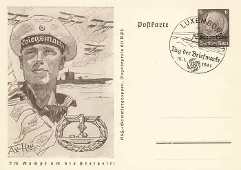 Luxemburg 6 Pfennig Hindenburg Ganzsache P242 Im Kampf um die Freiheit U-Boot o Luxemburg Tag der Briefmarke 1941