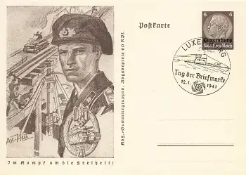 Luxemburg 6 Pfennig Hindenburg Ganzsache P242 Im Kampf um die Freiheit Panzer 1940 o Luxemburg Tag der Briefmarke 1941