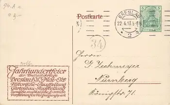 Breslau Jahrhundertfeier 1913 Ausstellung Privatganzsache o 22.4.1913