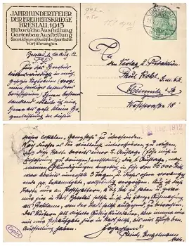 Breslau Jahrhundertfeier 1913 Ausstellung Privatganzsache o 15.8.1912