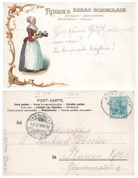 Lockwitz Dresden Rügers Kakao Schokolade Privatganzsache Bahnpoststempel Leipzig Hof Zug 208 21.10.1903