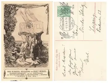 Max Klingers Huldigung an Adolf Menzel Privatganzsache PP27C249 Sonderstempel Leipzig Weltausstellung für Buchgewerbe 30.5.1914