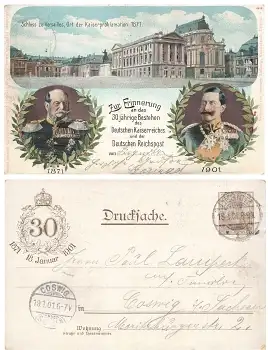 Versailles 30 Jahre Kaiserproklamation Privatganzsache Kaiser Wilhelm 1901 o Liegnitz 18.1.1901