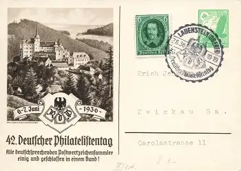 42. Deutscher Philatelistentag 1936 Privatganzsache 5 Pfennig Luftpost PP142C3 Sonderstempel Lauenstein 7.6.1936