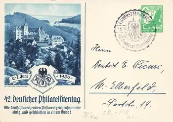42. Deutscher Philatelistentag 1936 Privatganzsache 5 Pfennig Luftpost PP142C3 Sonderstempel Lauenstein 7.6.1936