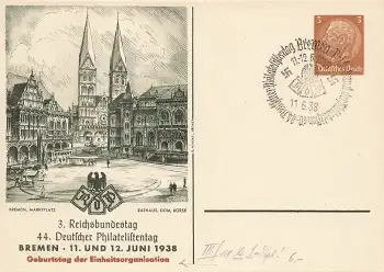 44. Deutscher Philatelistentag Bremen 1938 Privatganzsache PP122C93 Sonderstempel 11.6.1938