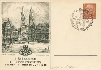 44. Deutscher Philatelistentag Bremen 1938 Privatganzsache PP122C93 Sonderstempel 11.6.1938