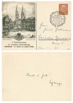 44. Deutscher Philatelistentag Bremen 1938 Privatganzsache PP122C93 Sonderstempel MS Oceana Schiffspost 13.6.1938