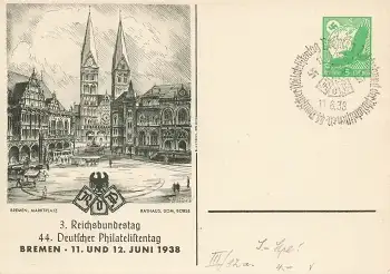 44. Deutscher Philatelistentag Bremen 1938 Privatganzsache PP142C36 Sonderstempel 11.6.1938