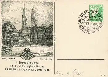 44. Deutscher Philatelistentag Bremen 1938 Privatganzsache PP142C36 Sonderstempel MS Oceana Schiffspost 13.6.1938