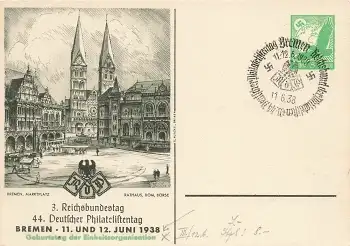 44. Deutscher Philatelistentag Bremen 1938 Privatganzsache PP142C36 Sonderstempel 11.6.1938