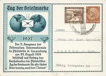 Tag der Briefmarke 1937 Privatganzsache PP122C35 Sonderstempel Hamburg1  7.1.1937