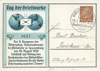 Tag der Briefmarke 1937 Privatganzsache PP122C35 Sonderstempel Gößnitz 10.1.1937