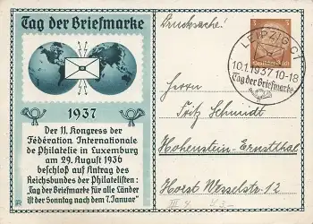 Tag der Briefmarke 1937 Privatganzsache PP122C35 Sonderstempel Leipzig 10.1.1937