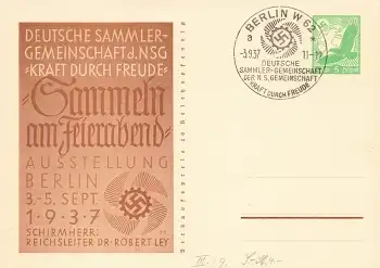 Berlin Ausstellung Sammeln am Feierabend 1937 KdF Ganzsache P245 Sonderstempel Berlin W62 3.9.1937