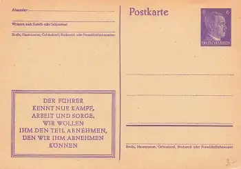 Adolf Hitler 6 Pfennig Ganzsache "Der Führer kennt nur Kampf..." 1943 *