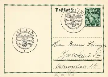 Deutsches Reich Ganzsache zum 30. Januar 1938 Sonderstempel Berlin 30.1.1938